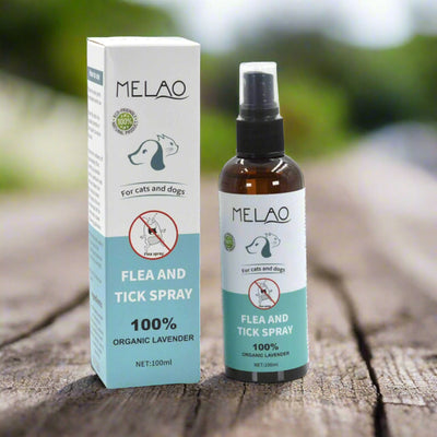 Melao 100ml flea and tick spray for dogs and cats with organic lavender oil in packaging.