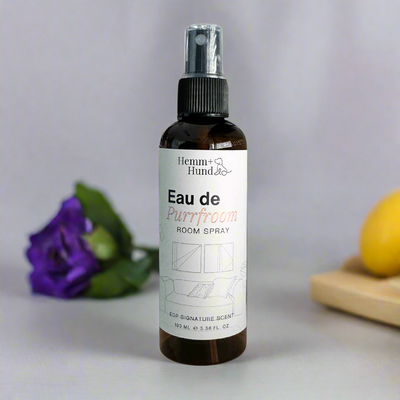 Eau de Purrfroom room spray bottle 100ML, elegant home fragrance with a calming signature scent.