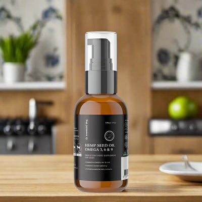 100% raw hemp seed oil for pets, rich in Omega 3, 6, 9, supports skin health and dietary needs.