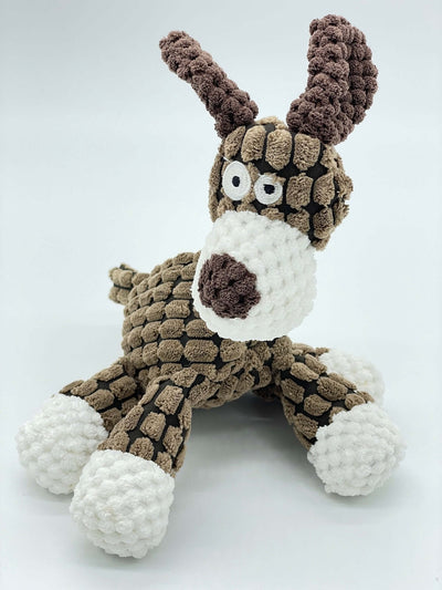 Woofz the Pup plush toy, perfect for fetching and squeaking, dimensions 12x3x5 in.