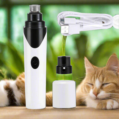 Pet nail grinder electric trimmer for dogs and cats with USB charging, includes accessories and safety cover.