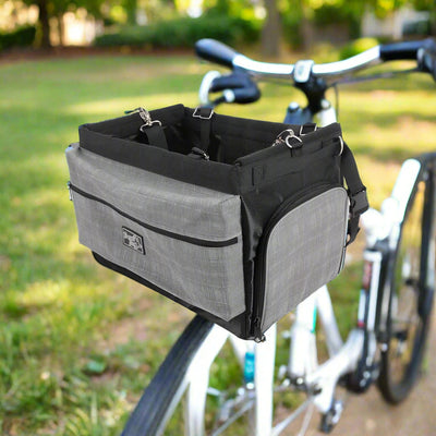 Small dog bicycle mount bag with gray fabric, ideal for pet travel as a carrier and front bike basket.