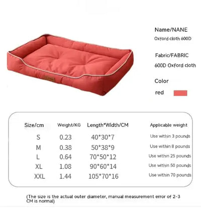 Bite-resistant waterproof dog mat in red, made of 600D Oxford cloth, with size and weight specifications.