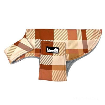 Handmade waterproof dog jacket in caramel plaid for small breeds, perfect for keeping pets warm and dry.