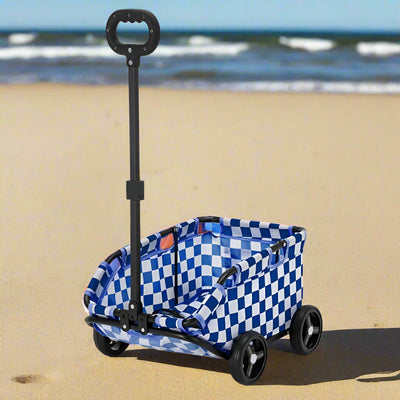 Blue and white checkered foldable pet travel wagon for small dogs, lightweight with smooth-rolling wheels.