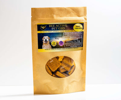 Bee Active Night Time Pet Treats for dogs, CBD and CBN chews in a resealable bag, 15 count, 450mg per bag.