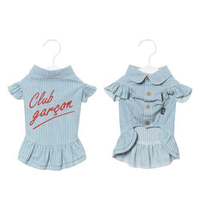 Light denim dress for dogs featuring ruffled sleeves and striped pattern, perfect for stylish pooches.