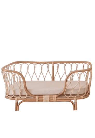 Molly Rattan Dog Bed, handmade pet bed with removable cotton cover, available in two sizes, stylish and cute design.