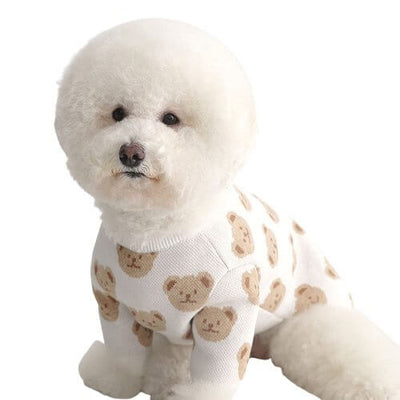 Pup Print Cotton Dog Sweater on a fluffy white dog, featuring cute bear prints, perfect for autumn and winter.