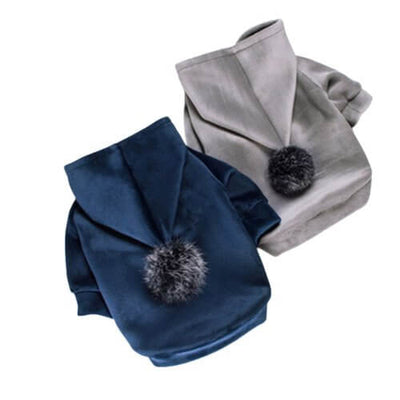 Thick cotton pom pom pet hoodie in navy and gray, perfect for winter and autumn comfort.