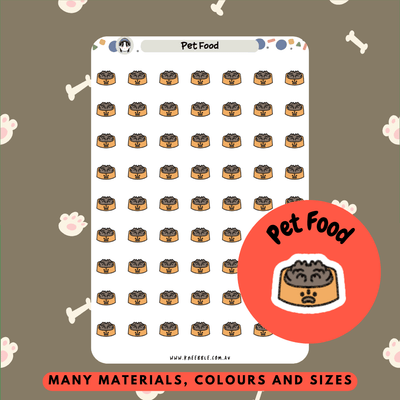 Colorful Pet Food Planner Stickers sheet featuring various food bowl designs for pet meal tracking.